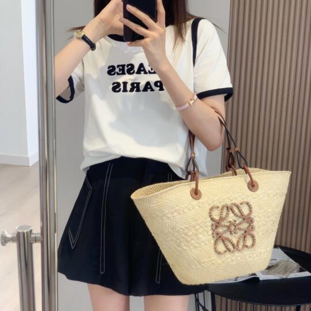 SOLD!-LOEWE Paula's Ibiza Anagram Leather-Trim Iraca Basket Bag in Medium